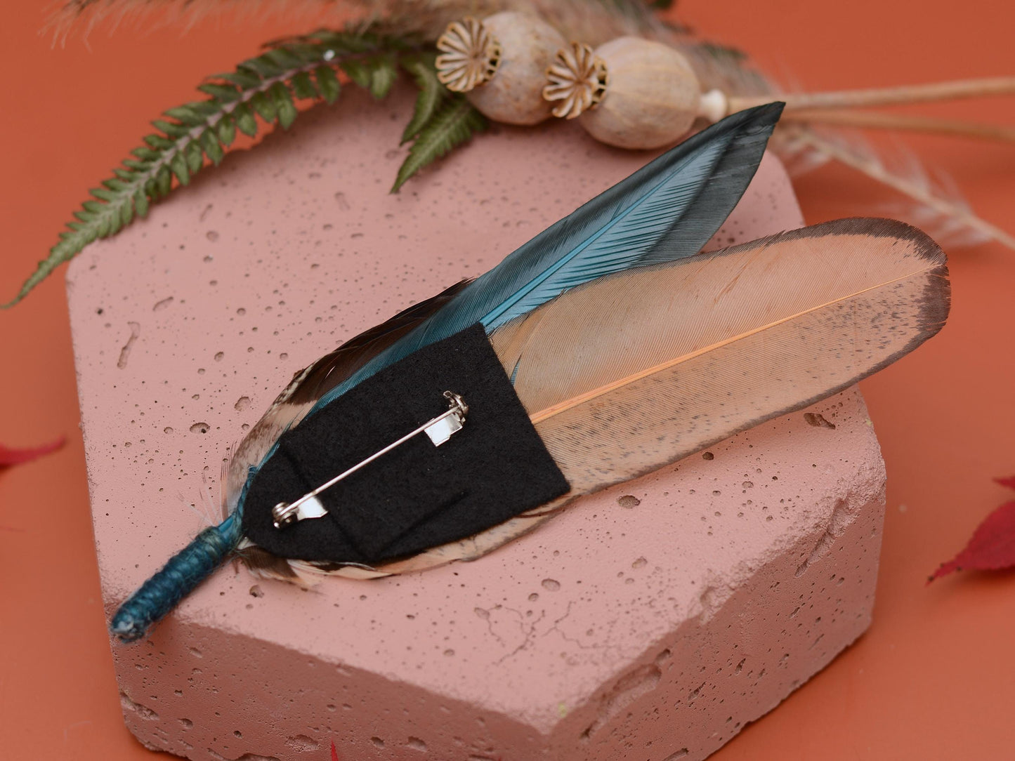 Green and Gold Duck and Pheasant Feather Hat Pin No.142 | Unique Pheasant Feather Boutonniere | Duck Feather Brooch Pin