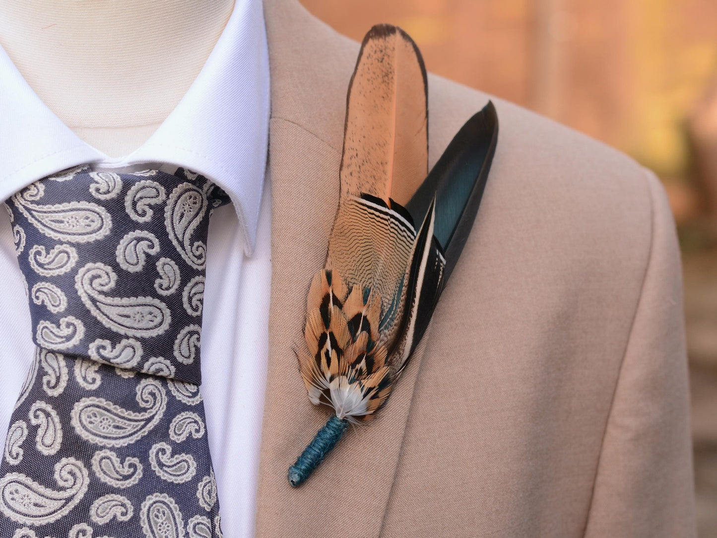 Green and Gold Duck and Pheasant Feather Hat Pin No.142 | Unique Pheasant Feather Boutonniere | Duck Feather Brooch Pin