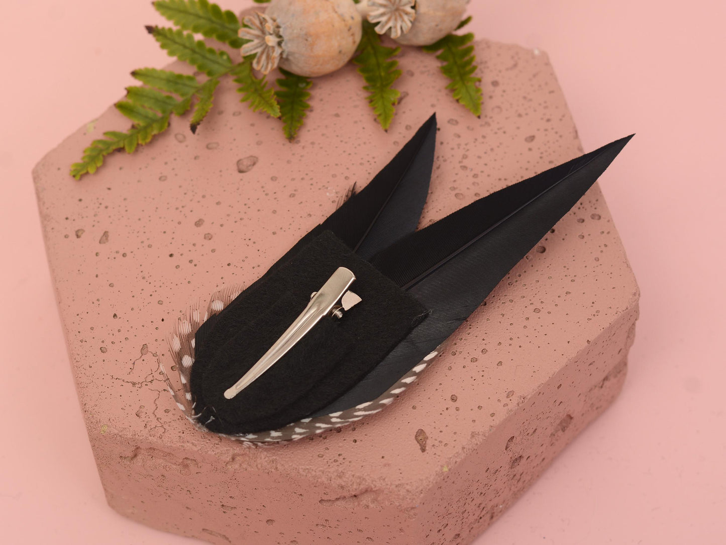 Black Monochrome Feather Hair Clip with Polka Dots | Black Feather Fascinator | Black Feather Headpiece | Wedding Fascinator