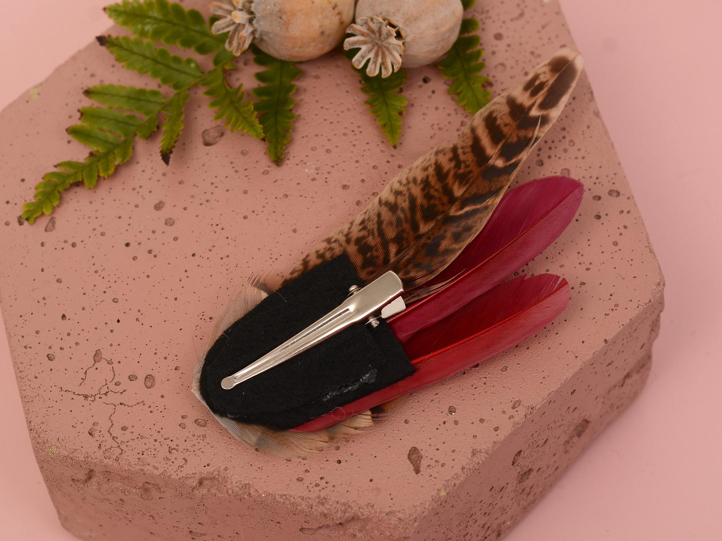 Burgundy, Partridge and Pheasant Feather Hair Clip | Pheasant Feather Fascinator | Feather Headpiece | Bridesmaid Hair Clip