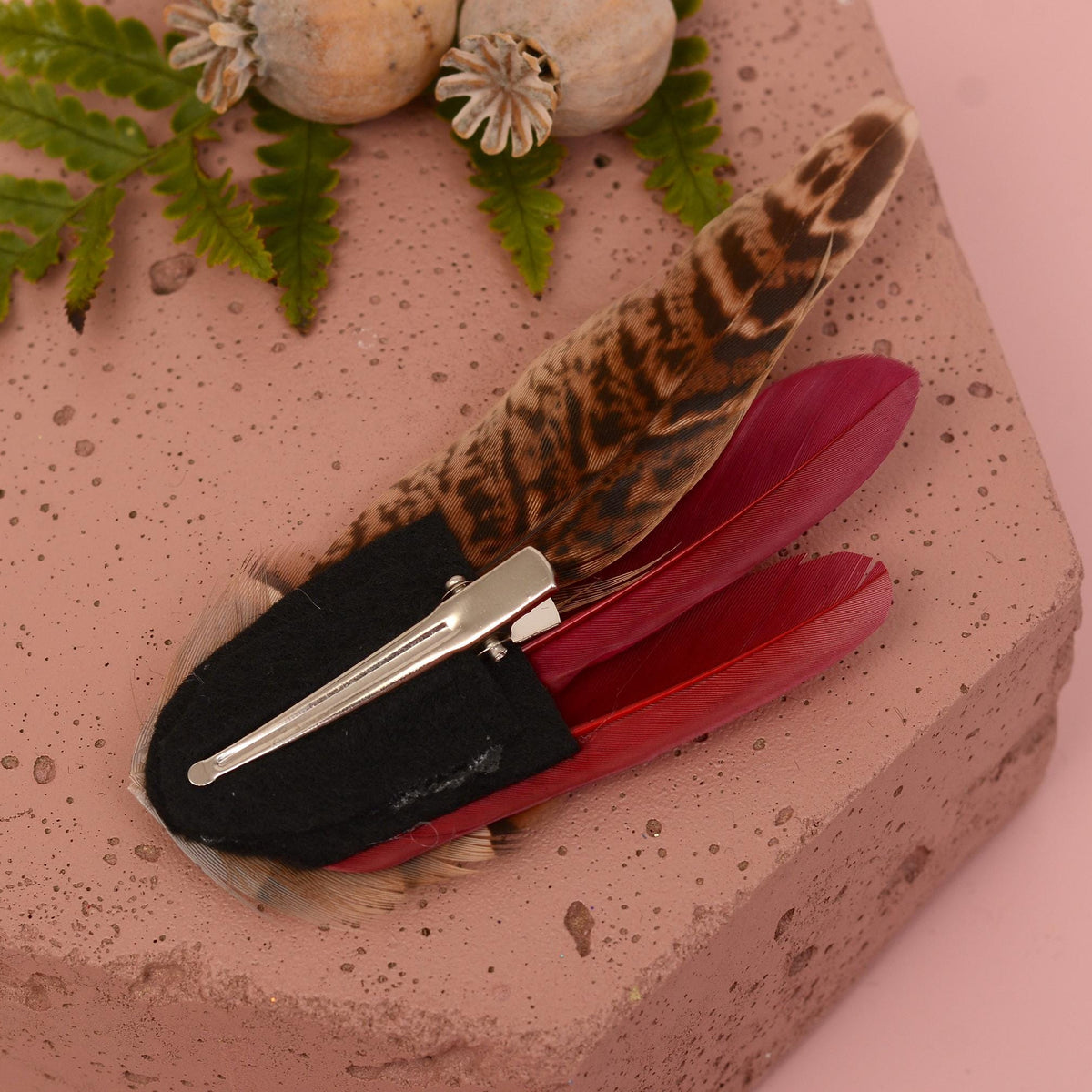 Burgundy, Partridge and Pheasant Feather Hair Clip | Pheasant Feather Fascinator | Feather Headpiece | Bridesmaid Hair Clip