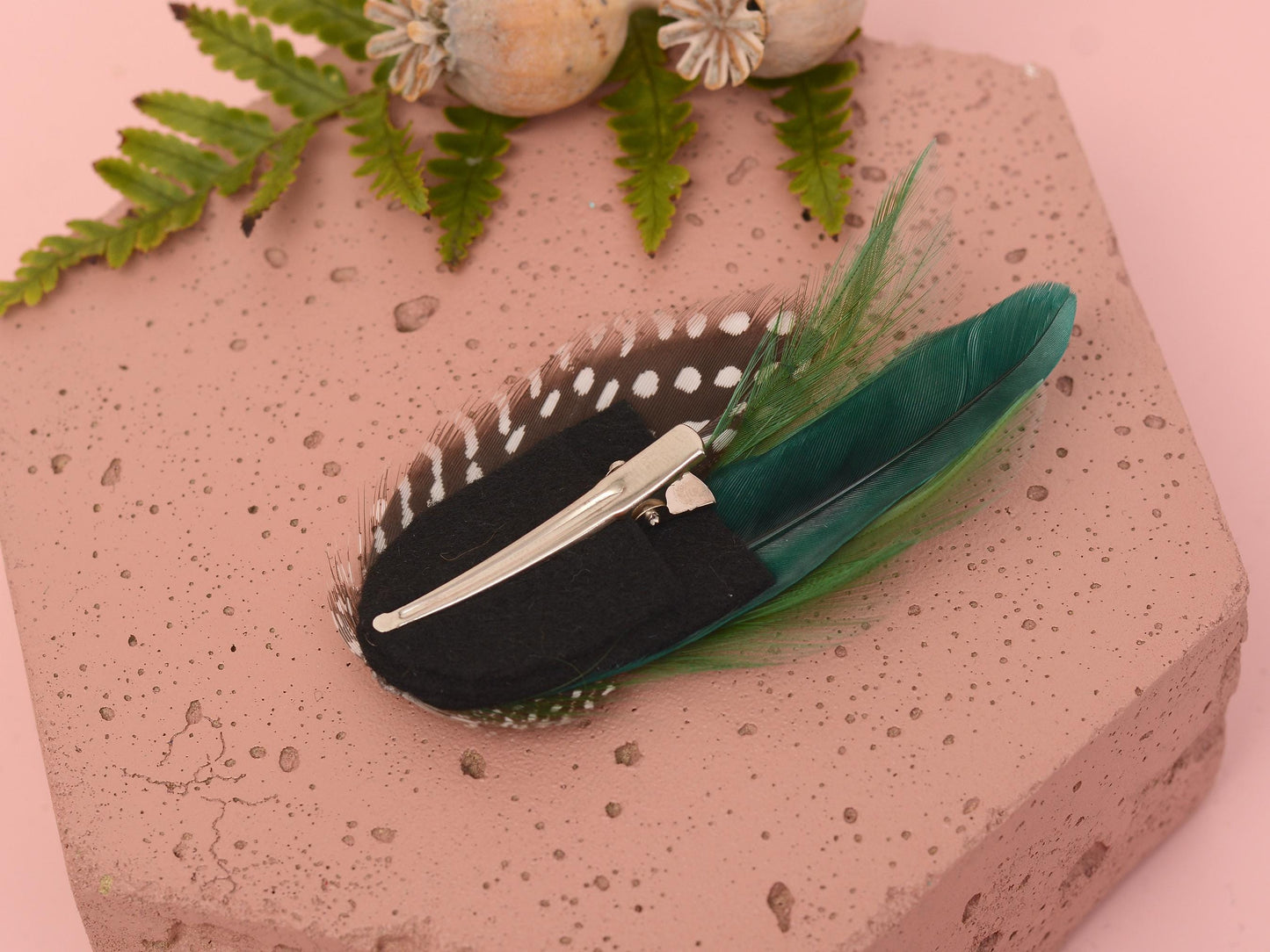 Feather Hair Clip in Bottle Green and Polka Dot | Green Feather Hair Clip | Green Feather Headpiece | Wedding Fascinator
