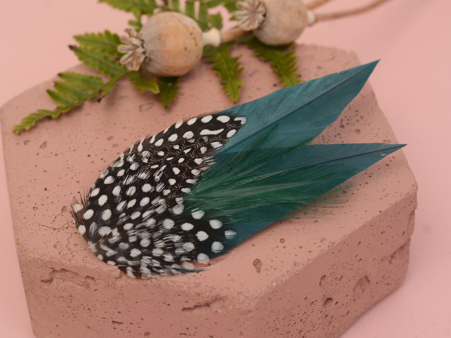 Deep Green Feather Hair Clip with Polka Dots, Green Feather Hair Piece