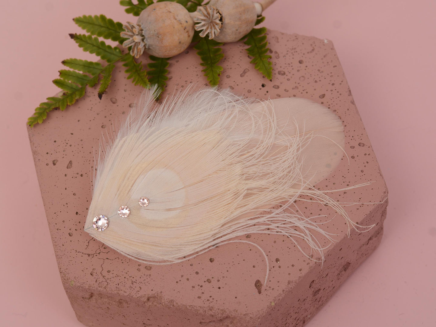 Feather Fascinator in Blush Pink and Ivory Peacock with Swarovski Crystal Detail | Bridal Feather Hair Clip | Blush Feather Hair Clip