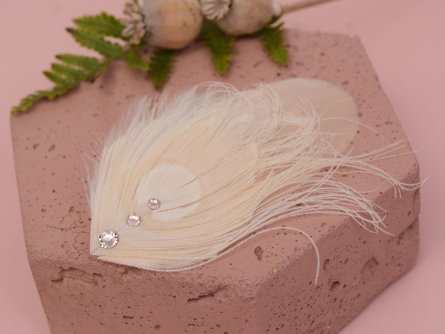 Feather Fascinator in Blush Pink and Ivory Peacock with Swarovski Crystal Detail | Bridal Feather Hair Clip | Blush Feather Hair Clip