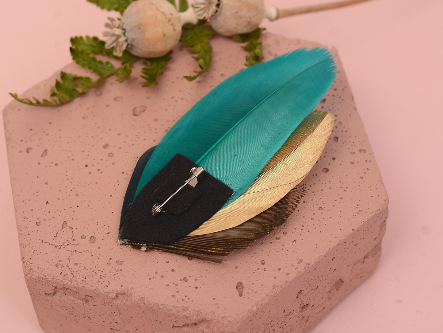 Teal and Gold Peacock Feather Lapel Pin / Hat Pin No.98 | Unique Feather Boutonniere | Peacock Feather Brooch