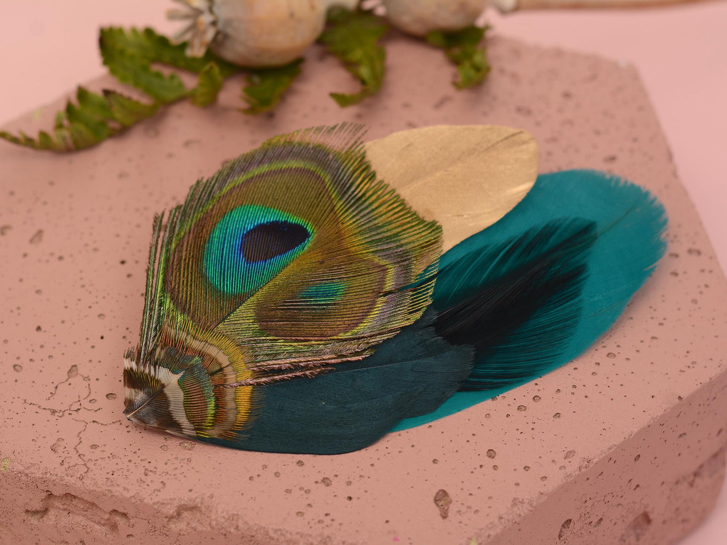 Teal and Gold Peacock Feather Lapel Pin / Hat Pin No.98 | Unique Feather Boutonniere | Peacock Feather Brooch