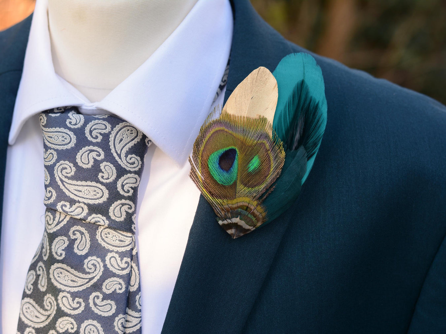 Teal and Gold Peacock Feather Lapel Pin / Hat Pin No.98 | Unique Feather Boutonniere | Peacock Feather Brooch