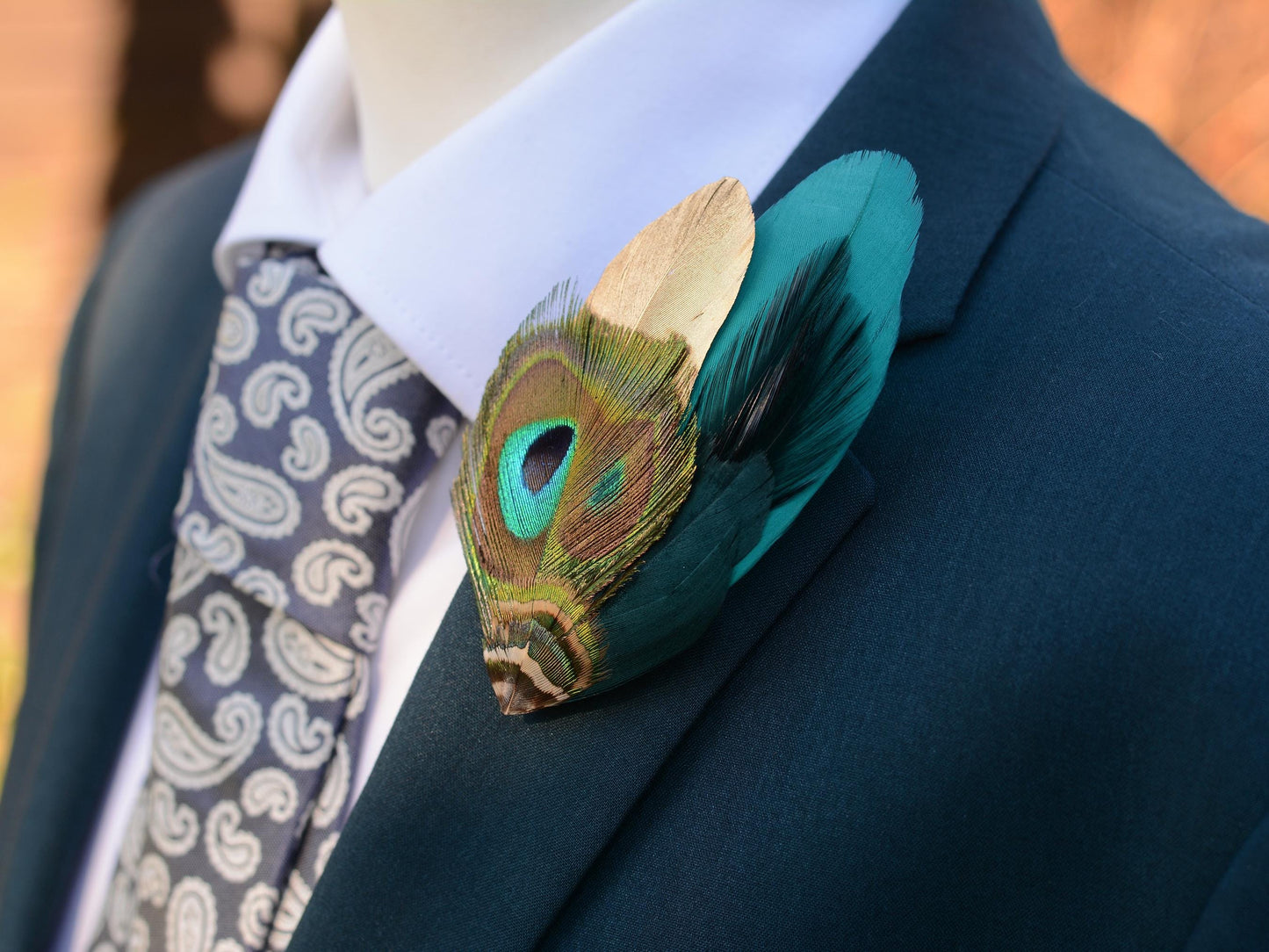 Teal and Gold Peacock Feather Lapel Pin / Hat Pin No.98 | Unique Feather Boutonniere | Peacock Feather Brooch