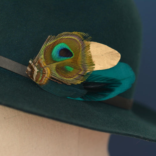 Teal and Gold Peacock Feather Lapel Pin / Hat Pin No.98 | Unique Feather Boutonniere | Peacock Feather Brooch