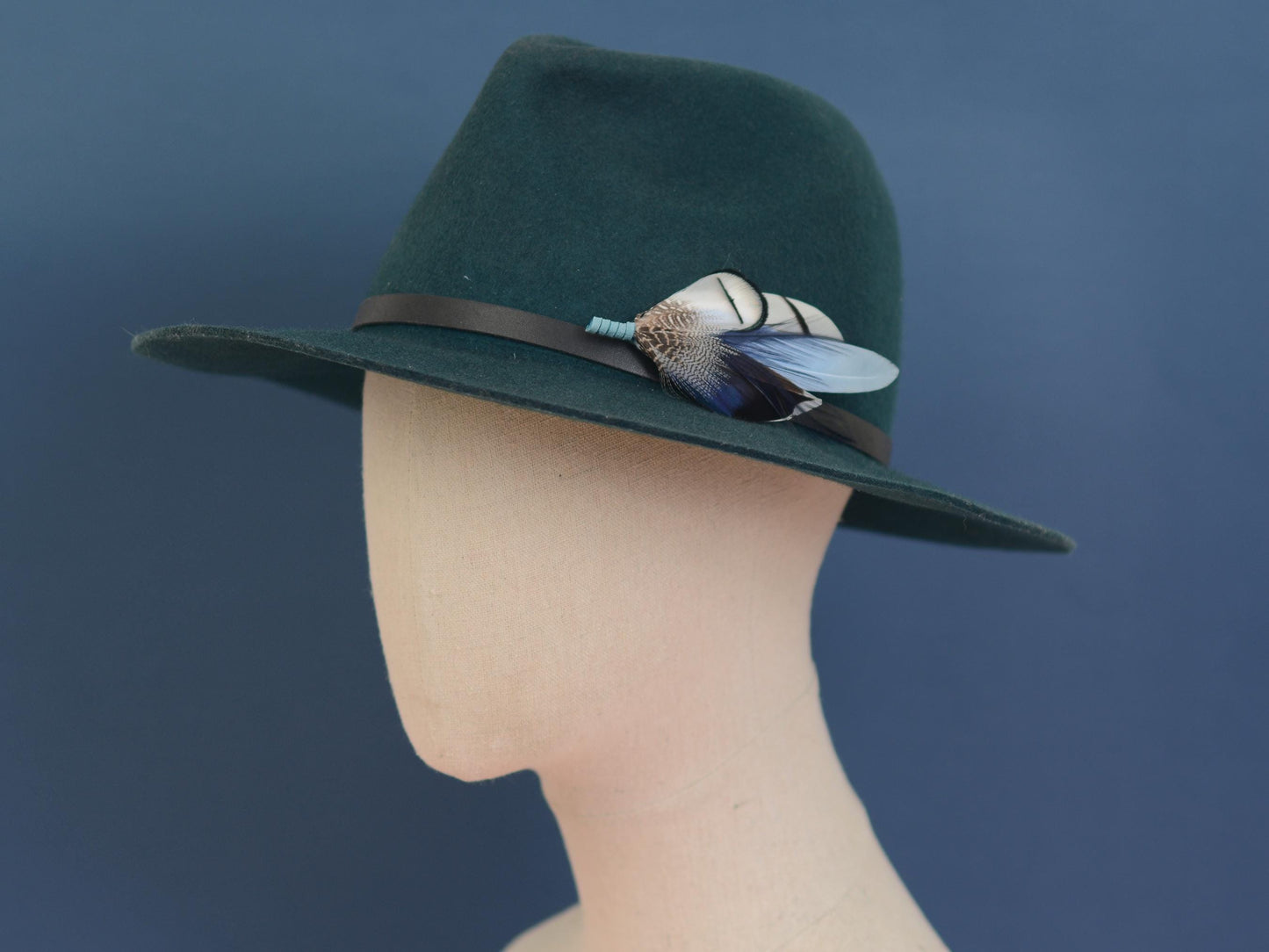 Pheasant and Duck Blue Feather Lapel Pin / Hat Pin No.219 | Unique Peacock Feather Boutonniere | Peacock Feather Brooch