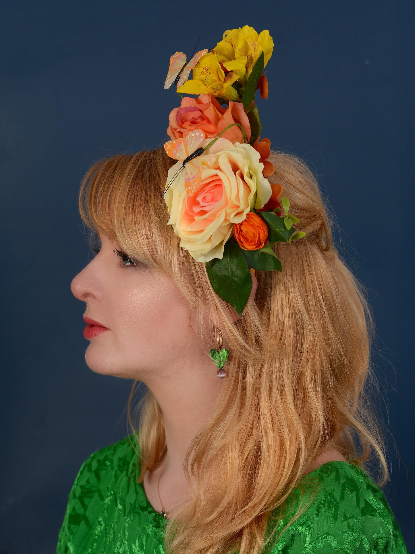 Sculptural Roses and Butterflies Headpiece in Yellow and Orange | Flower Crown | Flower Headband | Wedding Headpiece | Races Headpiece
