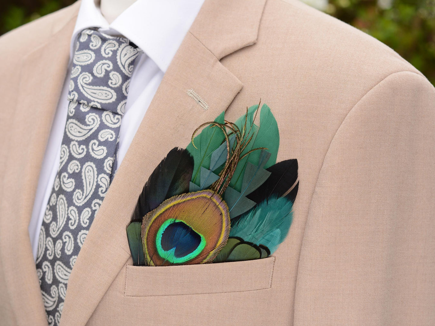 Peacock Feather Pocket Square in Shades of Black and Green No.230 | Suit Accessory | Feather Neck Tie | Grooms Outfit | Groomsmen | Wedding