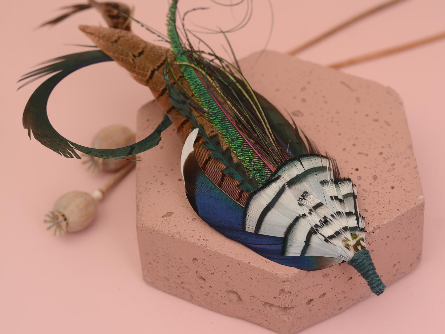 Green, Blue and White Luxury Feather Hat Pin / Lapel Pin Small No.328 | Unique Pheasant Feather Boutonniere | Pheasant Feather Brooch