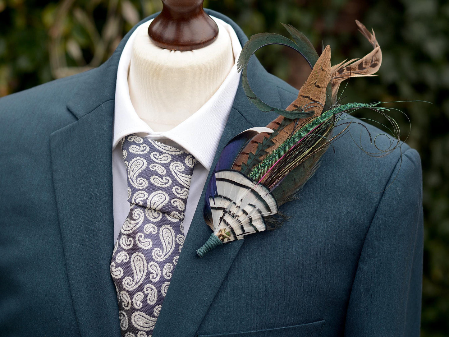 Green, Blue and White Luxury Feather Hat Pin / Lapel Pin Small No.328 | Unique Pheasant Feather Boutonniere | Pheasant Feather Brooch
