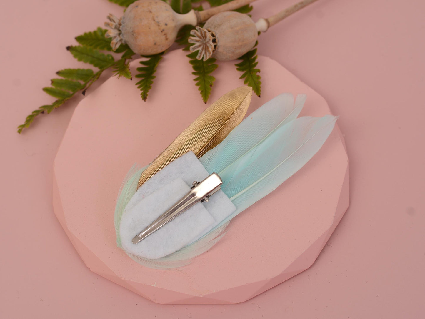 Mint and Gold Feather Fascinator Hair Clip | Blush Feather Hair Clip | Blush Feather Headpiece | Wedding Fascinator | Bridal Headpiece