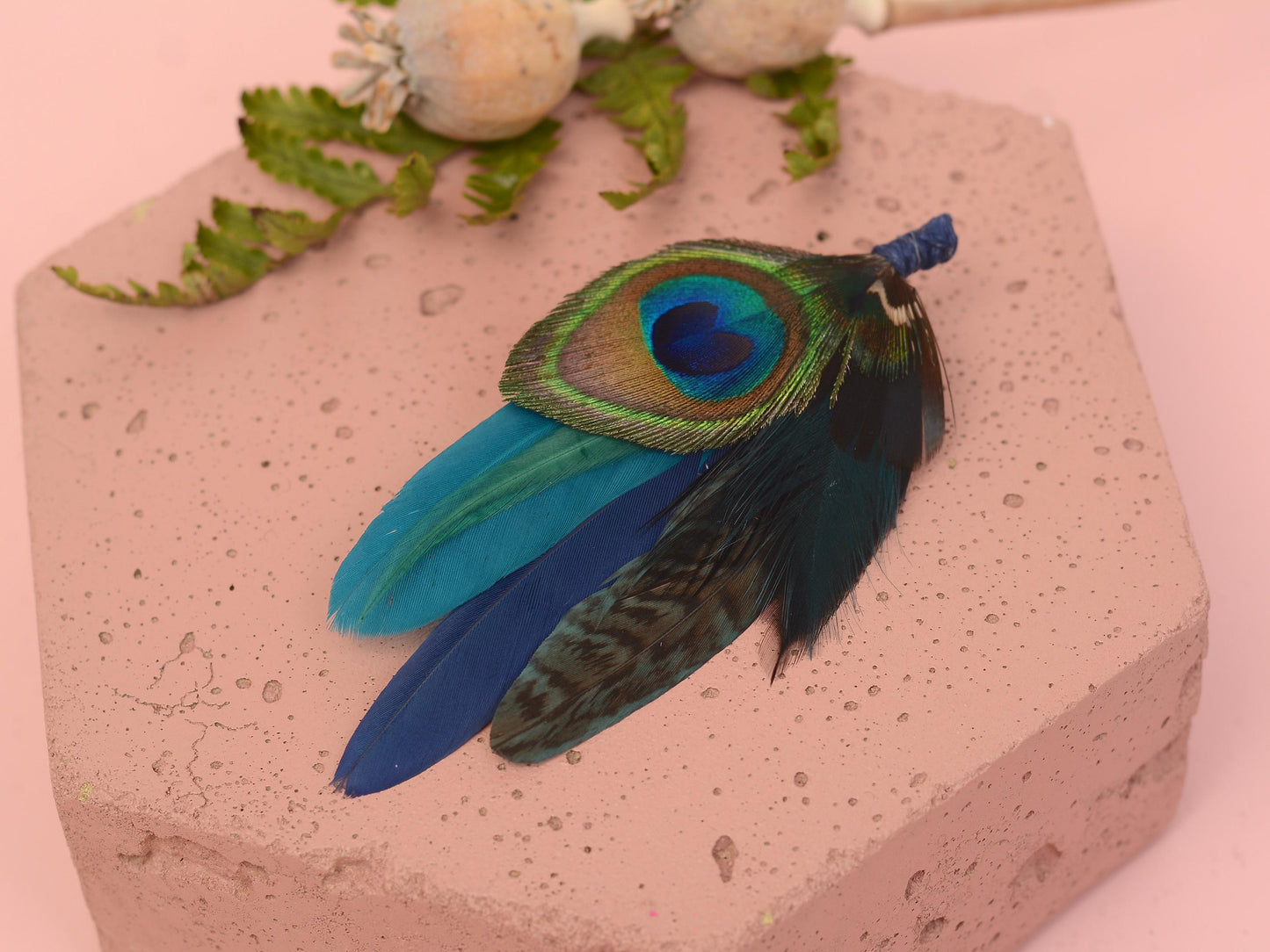 Peacock and Pheasant Navy and Green Feather Lapel Pin Small No.242 | Unique Peacock Feather Boutonniere | Pheasant Feather Brooch