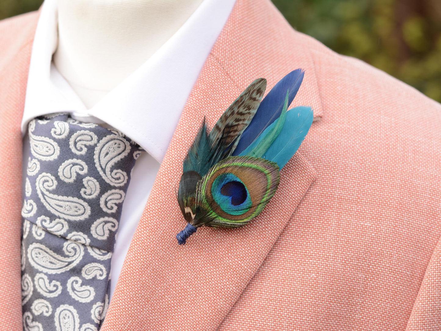 Peacock and Pheasant Navy and Green Feather Lapel Pin Small No.242 | Unique Peacock Feather Boutonniere | Pheasant Feather Brooch