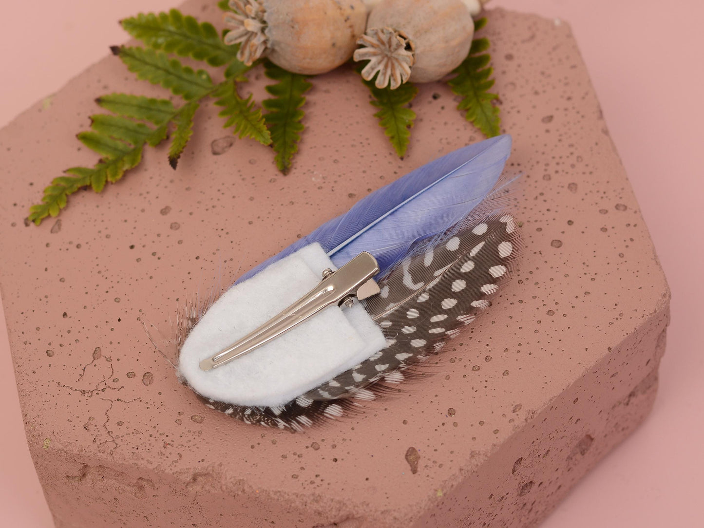 Feather Hair Clip in Cornflower Blue and Polka Dot | Blue Feather Hair Clip | Pastel Blue Feather Headpiece | Wedding Fascinator