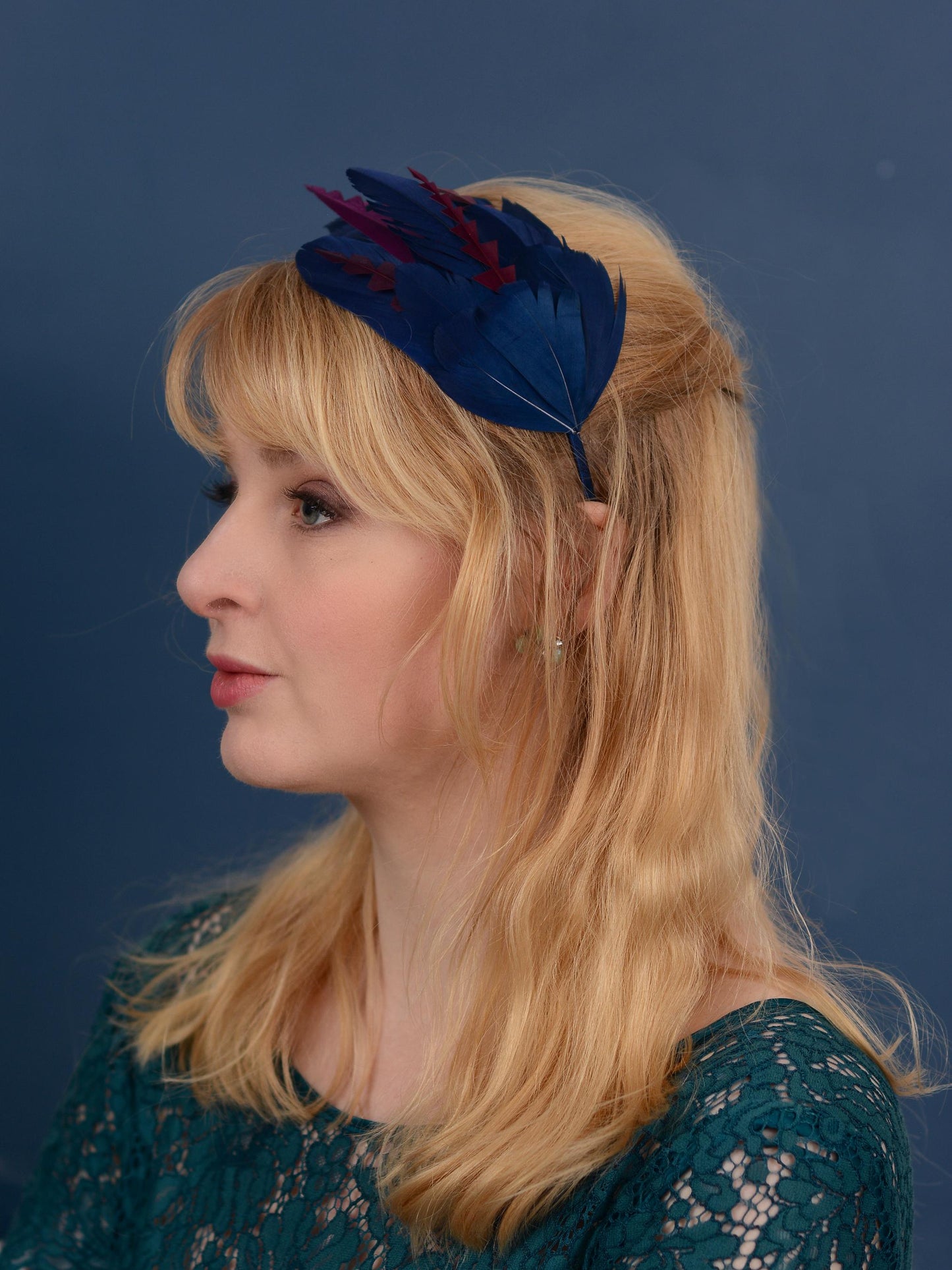 Navy Blue and Burgundy Feather Fascinator Headband No.003 | Blue Feather Headband | Blue Feather Headpiece