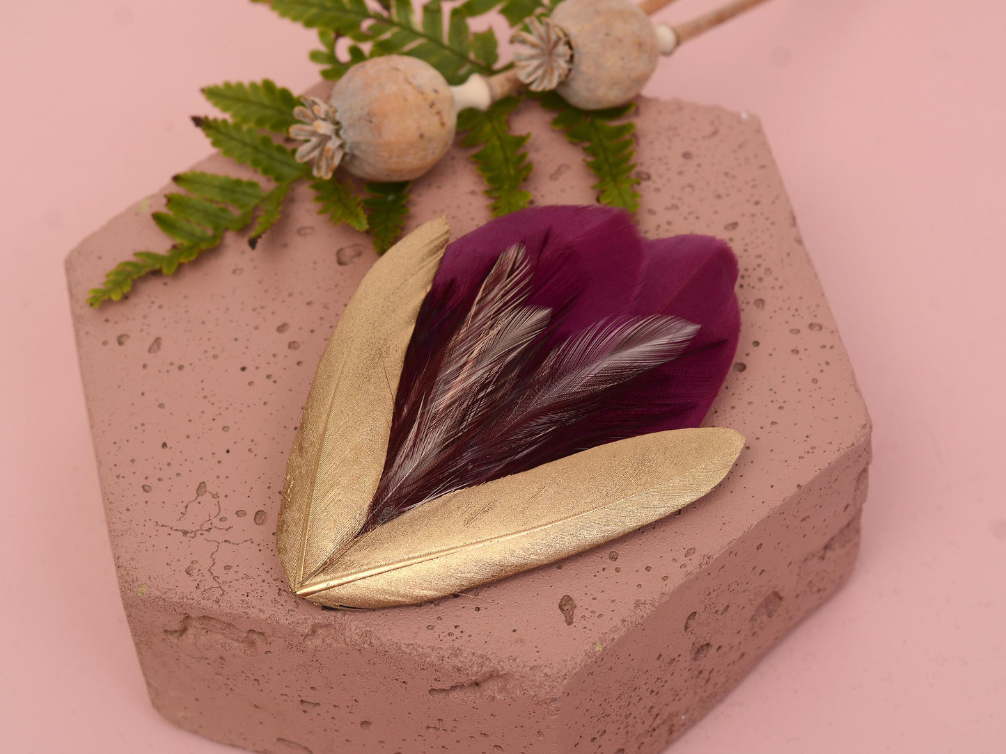 Feather Hair Clip Plum, Gold and Blush | Feather Fascinator | Feather Headpiece | Bridal Hair Clip | Bridal Headpiece | Bridesmaids