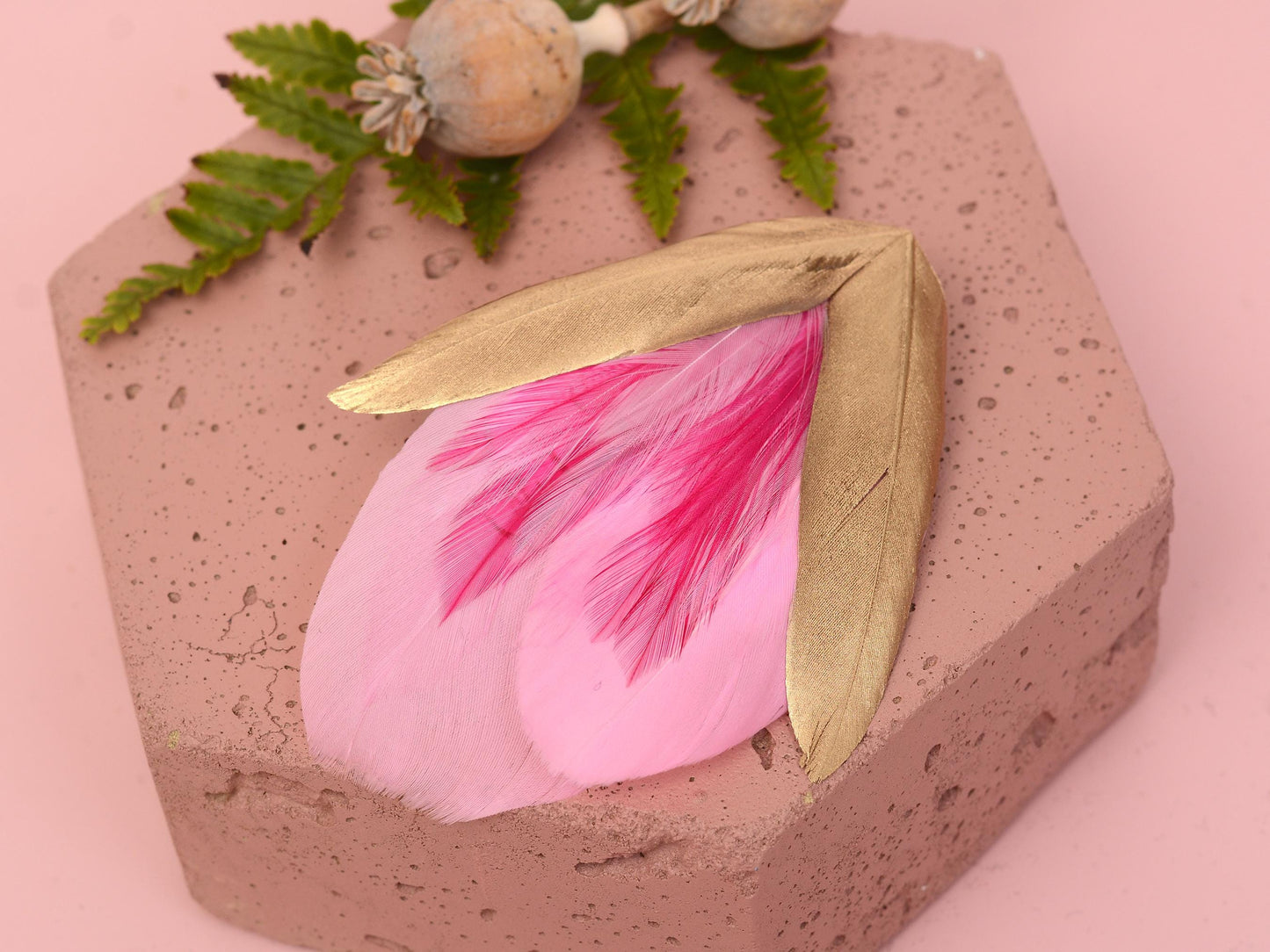 Feather Hair Clip in Rose Pink and Gold | Pink Feather Fascinator | Feather Headpiece | Bridal Hair Clip | Bridal Headpiece | Bridesmaids