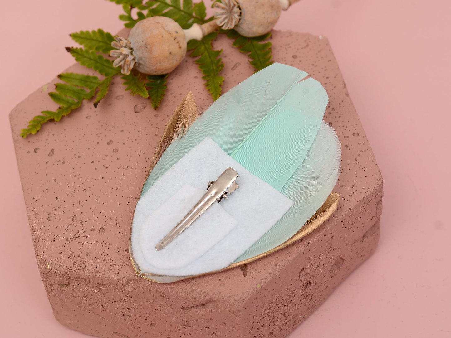 Feather Hair Clip in Mint Green, Pink and Gold | Feather Fascinator | Feather Headpiece | Bridal Hair Clip | Bridal Headpiece | Bridesmaids