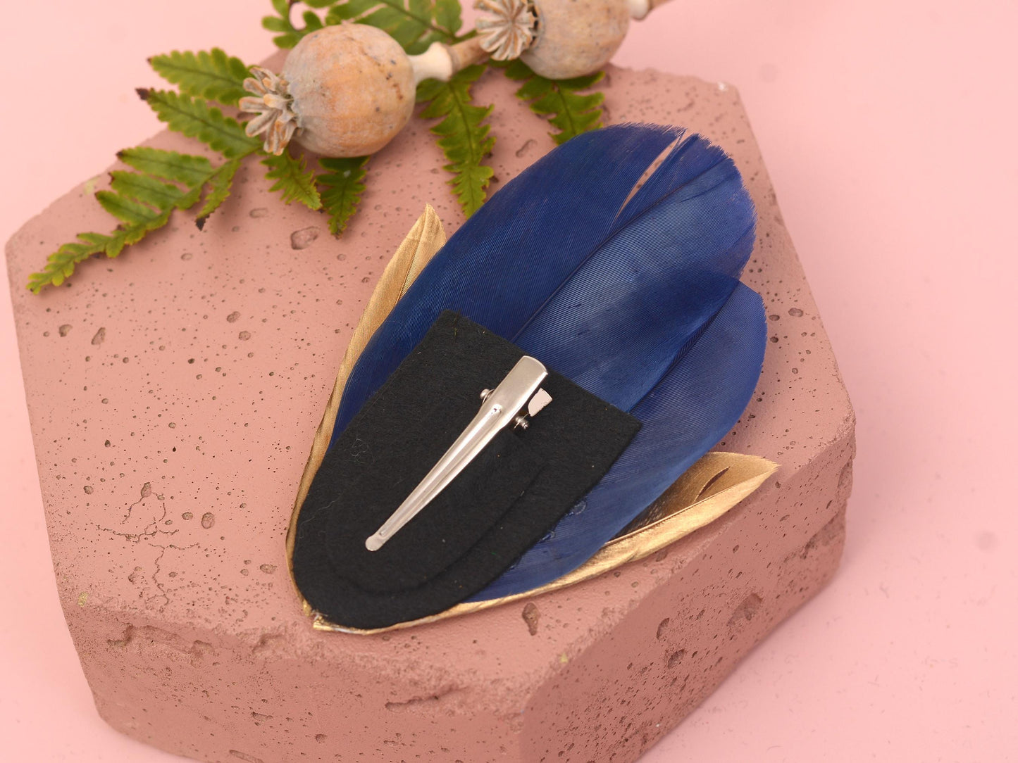 Feather Hair Clip in Navy Blue and Gold | Blue Feather Hair Clip | Navy Blue Fascinator