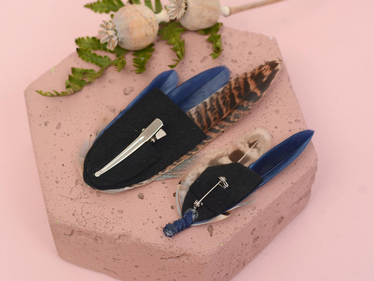 Navy Blue Partridge and Pheasant Feather Hair Clip / Feather Boutonniere Set | Pheasant Feather Fascinator | Bridesmaid Hair Clip