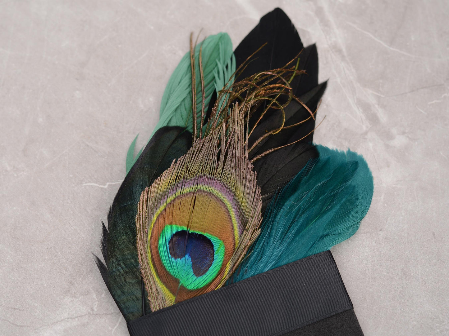 Shades of Green and Black Peacock Feather Pocket Square No.221 | Suit Accessory | Feather Neck Tie | Grooms Outfit
