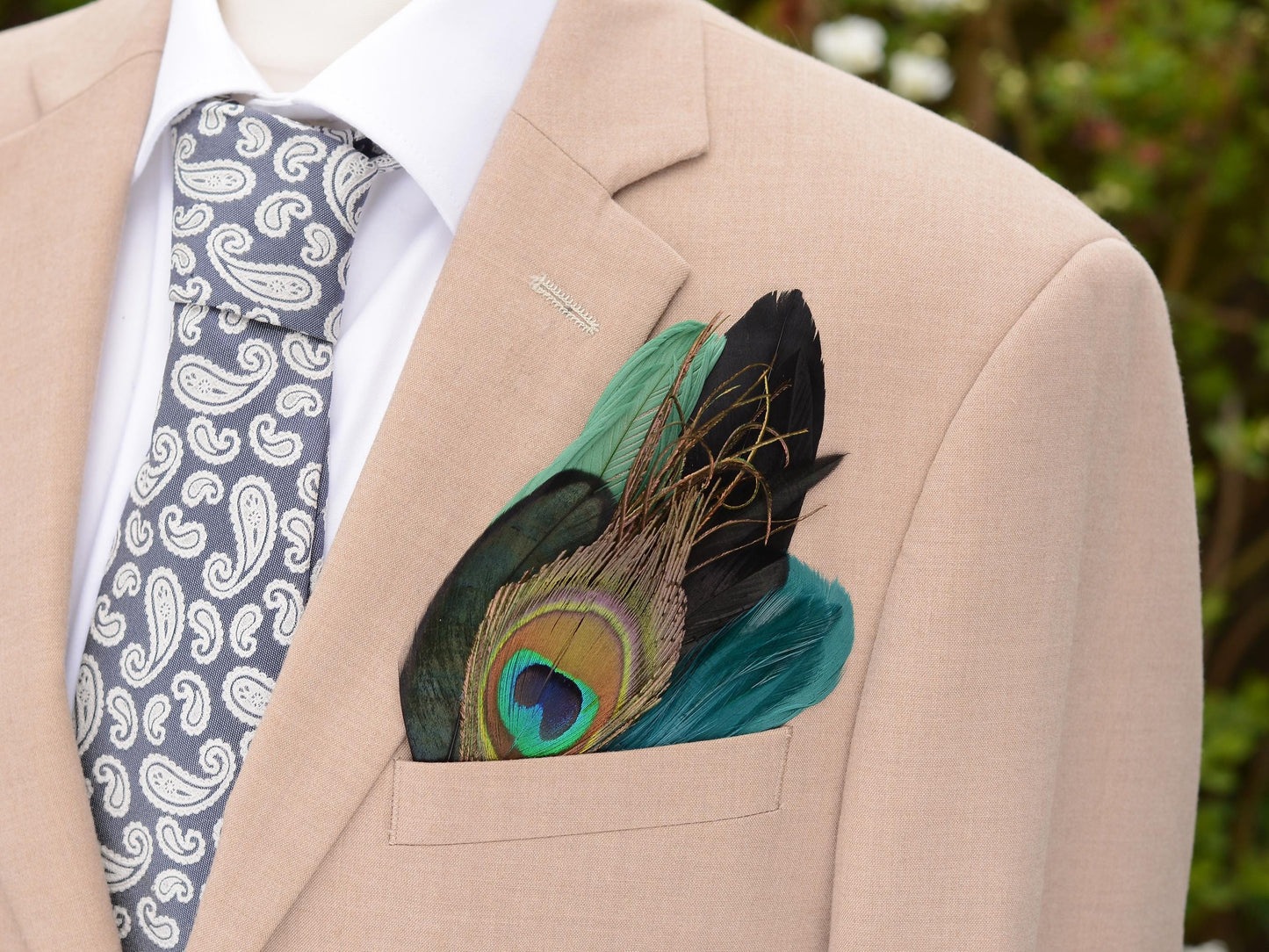 Shades of Green and Black Peacock Feather Pocket Square No.221 | Suit Accessory | Feather Neck Tie | Grooms Outfit