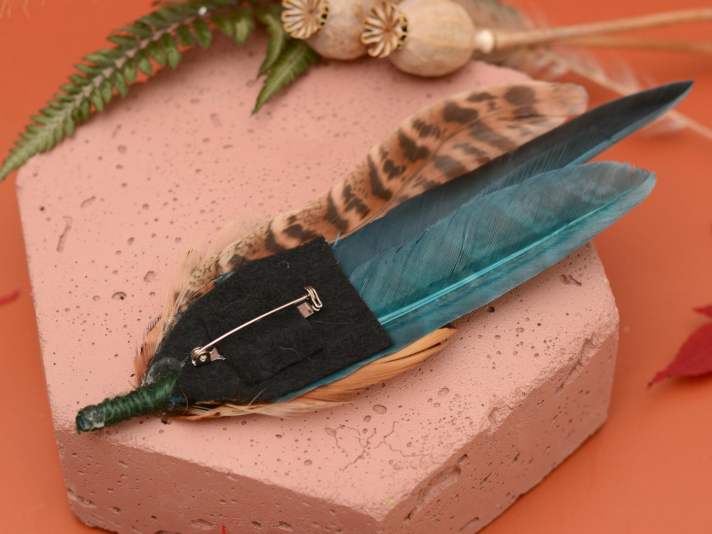 Large Green and Copper Pheasant Feather Boutonniere No.281 | Unique Pheasant Feather Hat Pin
