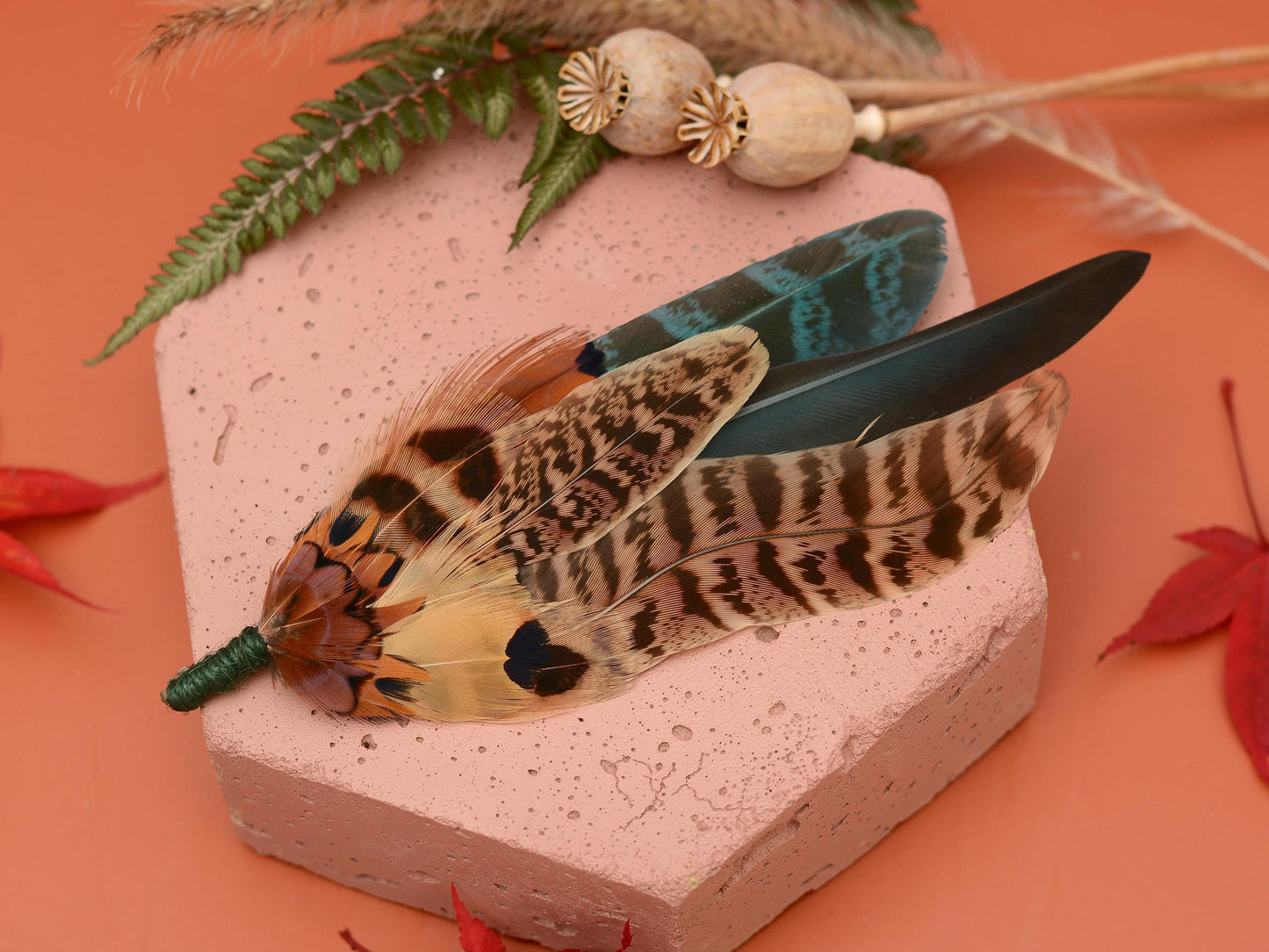 Large Green and Copper Pheasant Feather Boutonniere No.281 | Unique Pheasant Feather Hat Pin