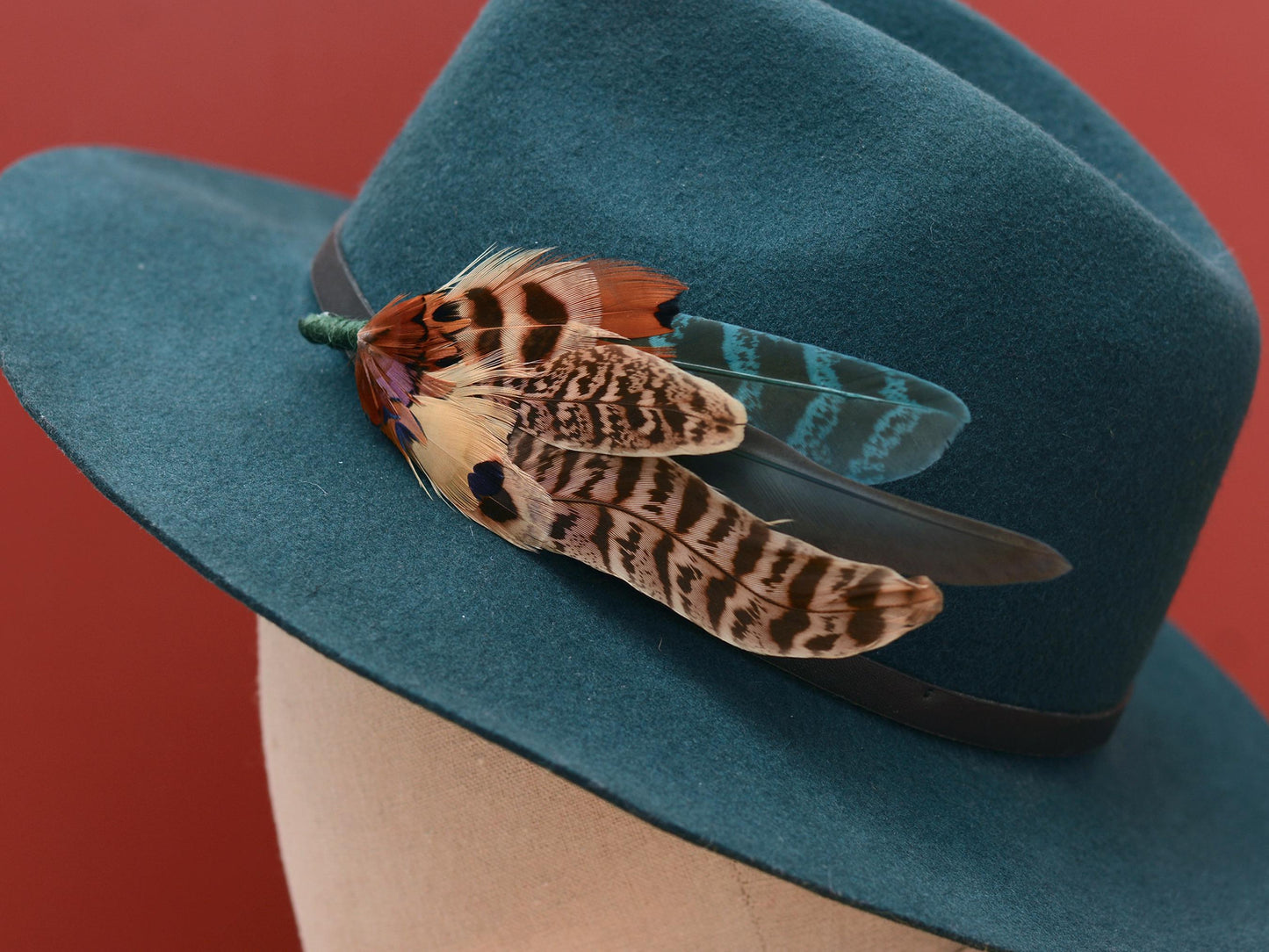 Large Green and Copper Pheasant Feather Boutonniere No.281 | Unique Pheasant Feather Hat Pin