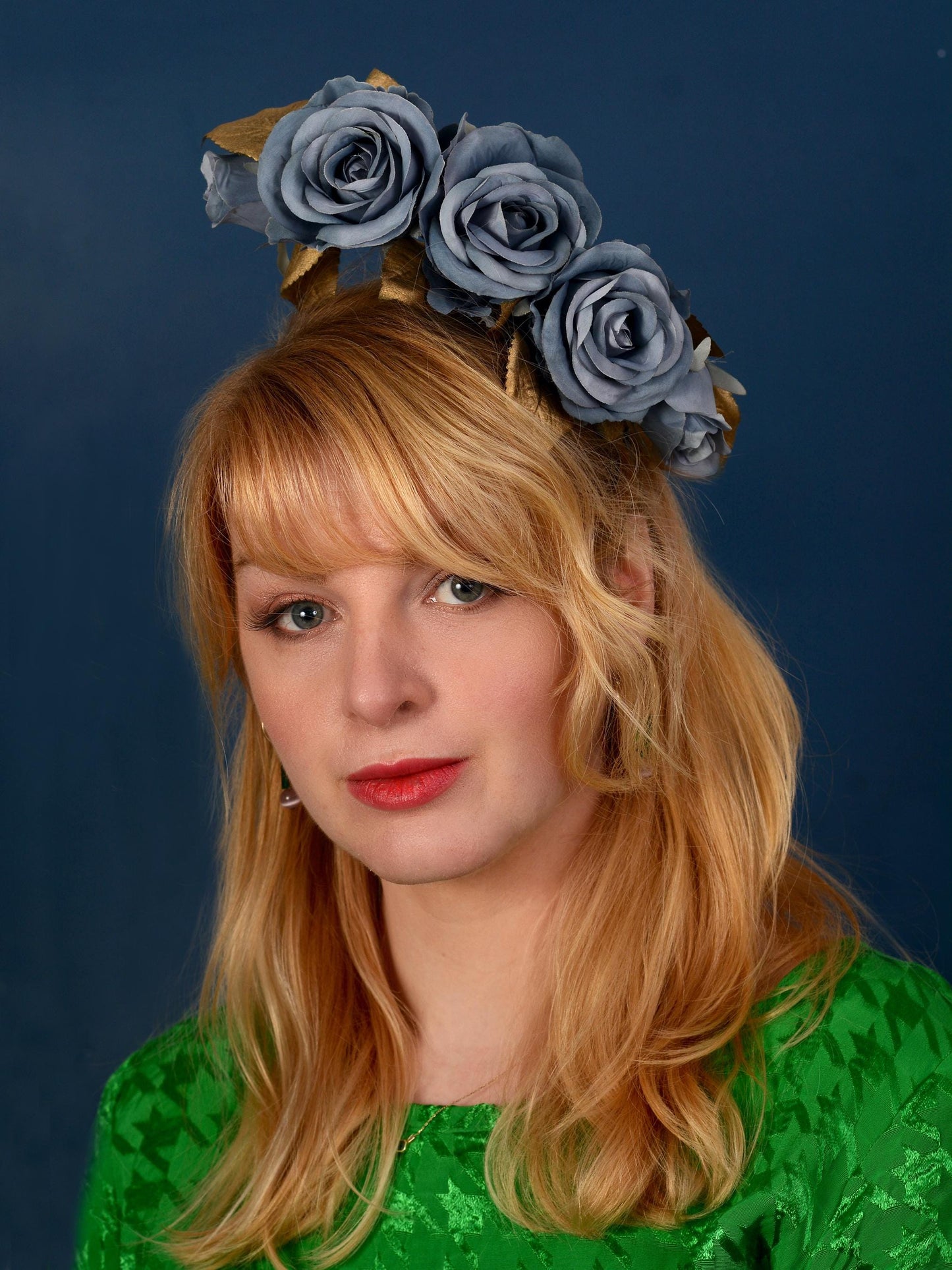 Flower Headpiece in Floating Blue and Gold Roses | Flower Headband | Bridal Headpiece | Wedding Headpiece | Races Headpiece