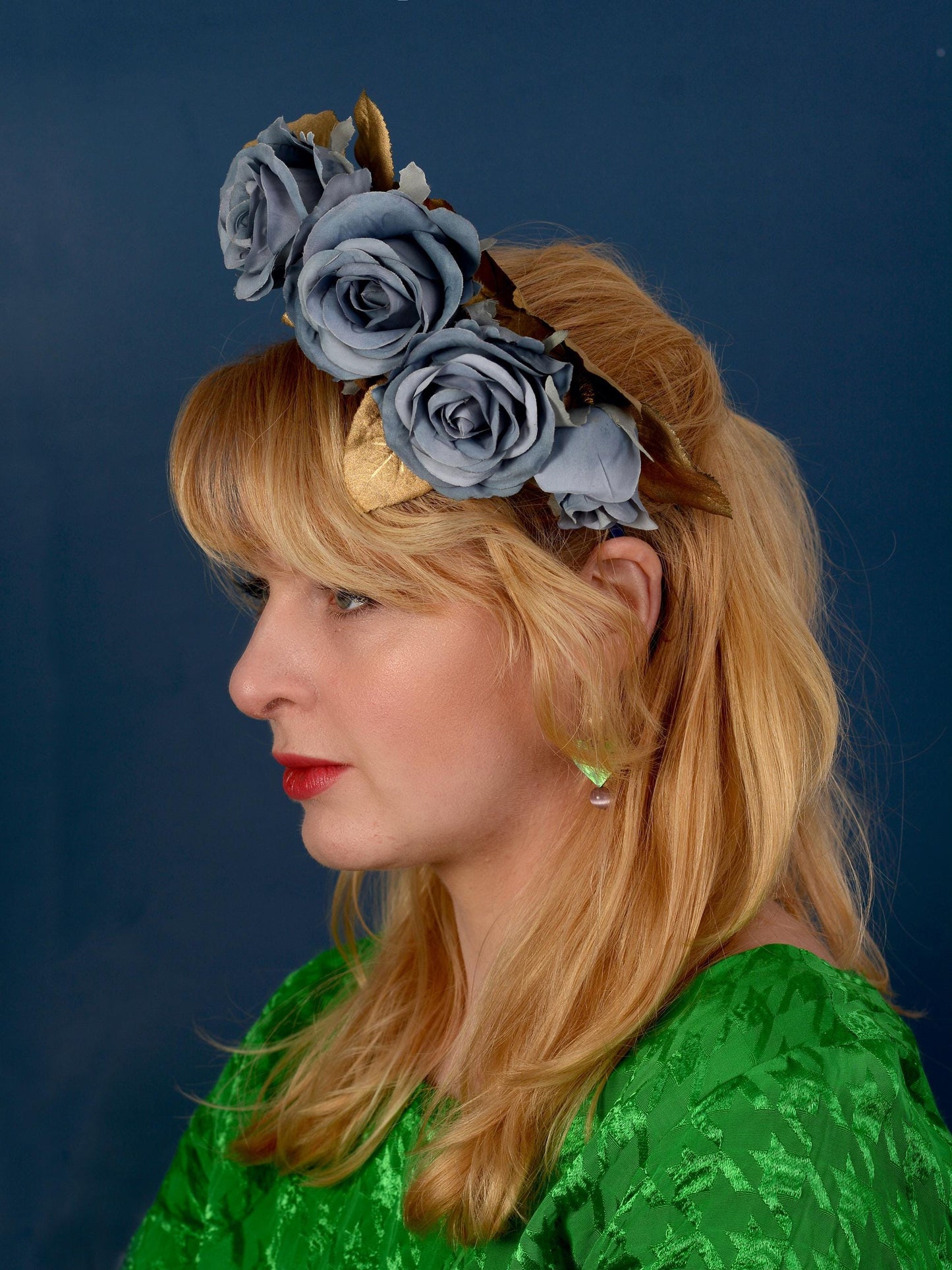 Flower Headpiece in Floating Blue and Gold Roses | Flower Headband | Bridal Headpiece | Wedding Headpiece | Races Headpiece