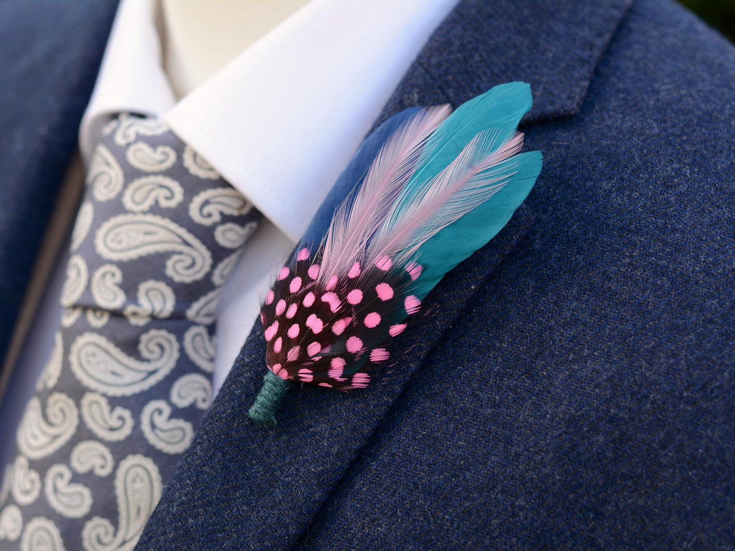 Teal, Pink and Navy Feather Lapel Pin | Pheasant Feather Boutonniere | Feather Brooch | Feather Hat Pin
