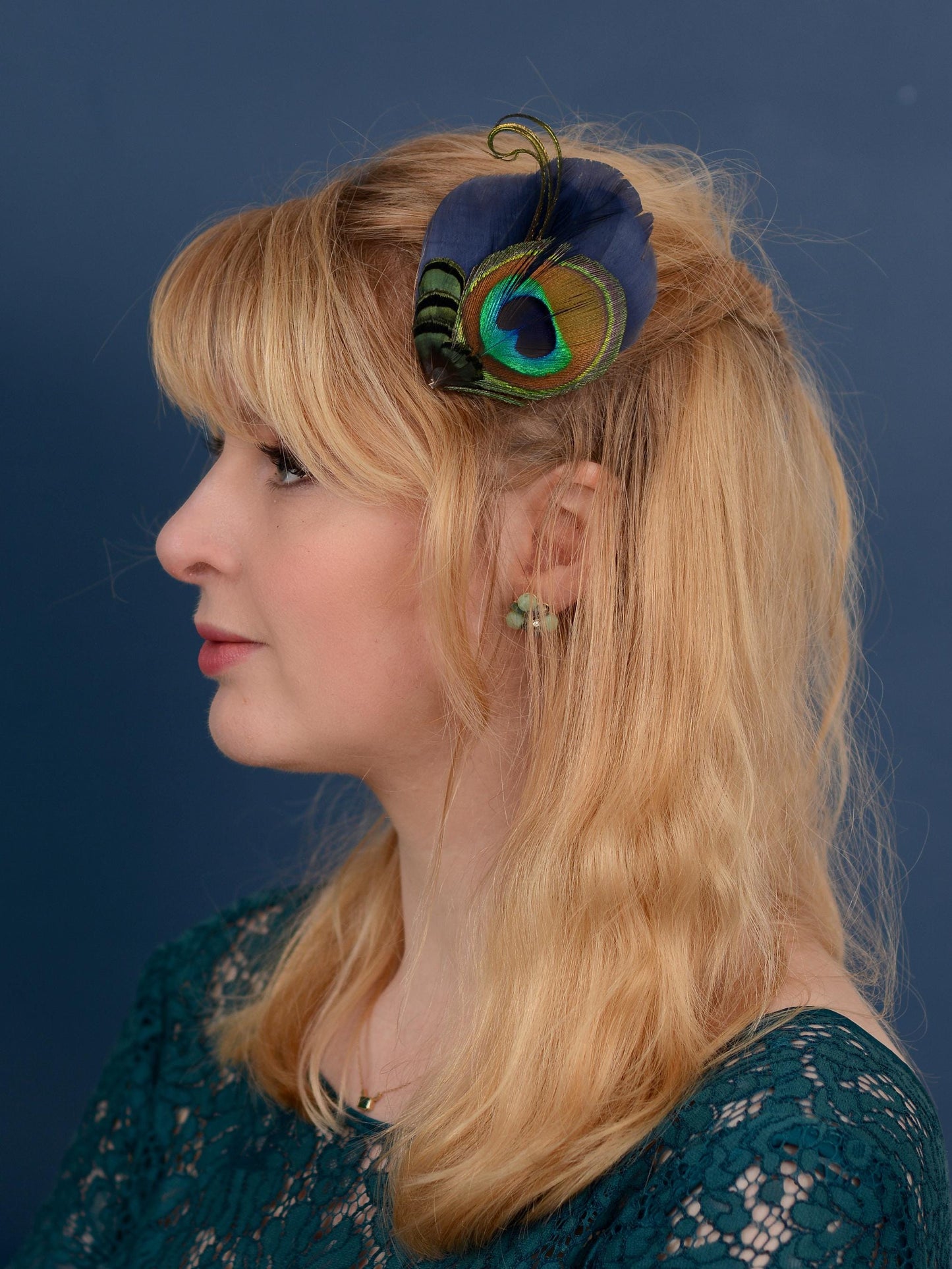 Navy Blue Peacock Eye Feather Hair Clip, Peacock Feather Fascinator