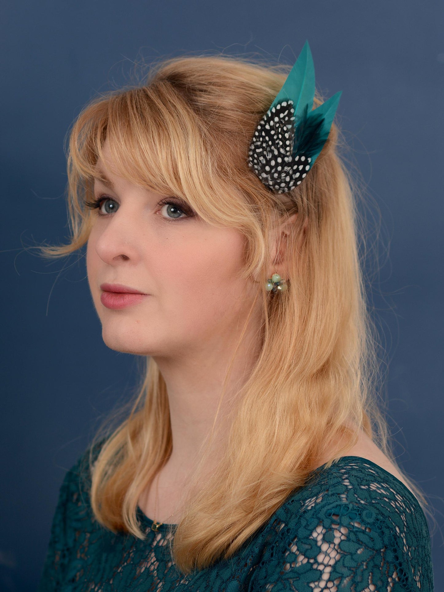 Teal Turquoise Feather Hair Clip with Spotted Feathers, Teal Feather Fascinator