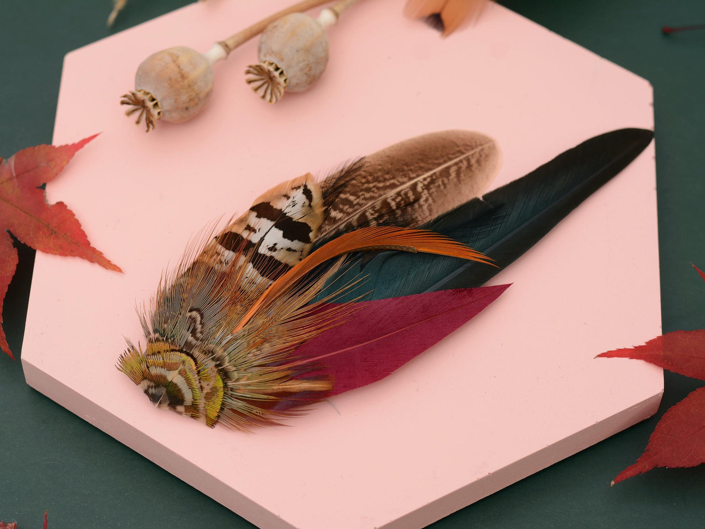 Pheasant Feather Hat Pin in Copper, Green and Crimson No.141 | Unique Pheasant Feather Boutonniere | Pheasant Feather Brooch