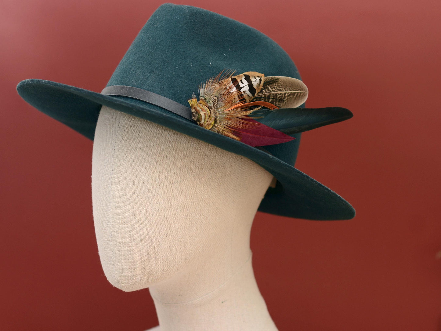 Pheasant Feather Hat Pin in Copper, Green and Crimson No.141 | Unique Pheasant Feather Boutonniere | Pheasant Feather Brooch