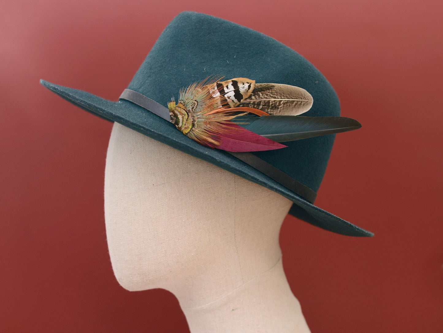Pheasant Feather Hat Pin in Copper, Green and Crimson No.141 | Unique Pheasant Feather Boutonniere | Pheasant Feather Brooch