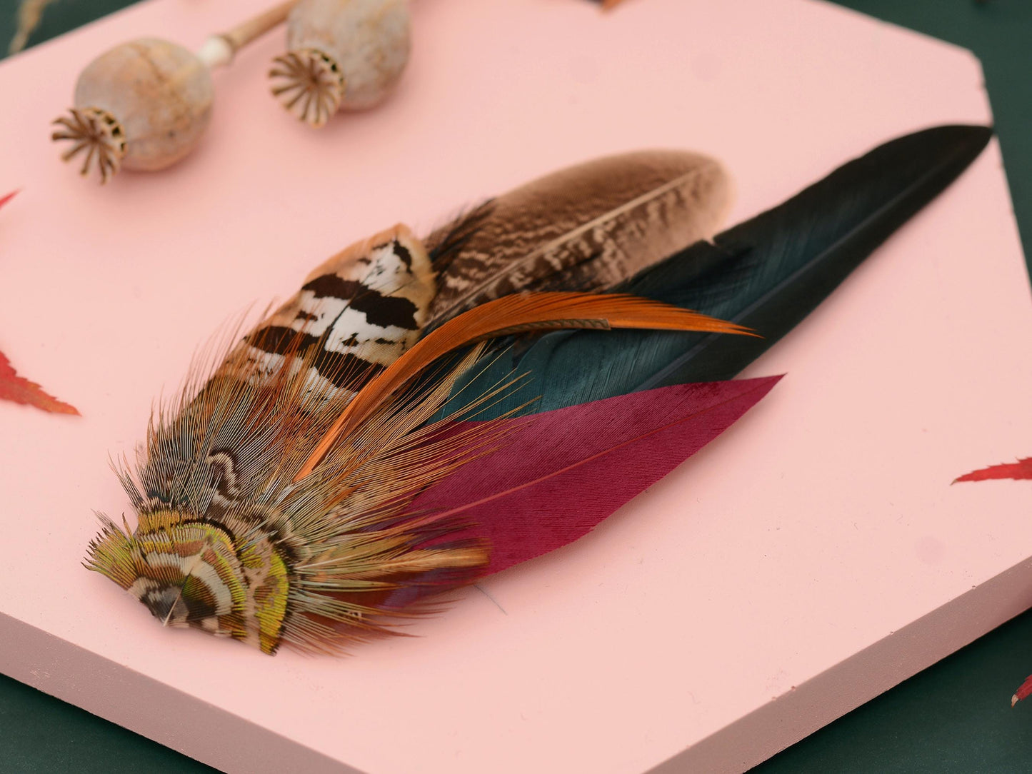 Pheasant Feather Hat Pin in Copper, Green and Crimson No.141 | Unique Pheasant Feather Boutonniere | Pheasant Feather Brooch