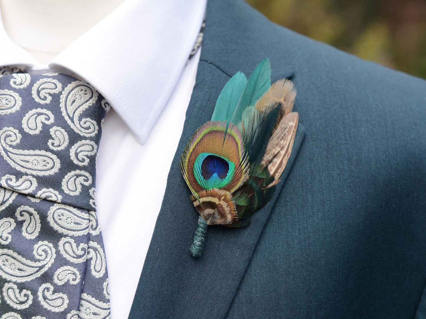 Peacock and Teal Feather Pin Small No.180 | Unique Peacock Feather Boutonniere | Pheasant Feather Brooch