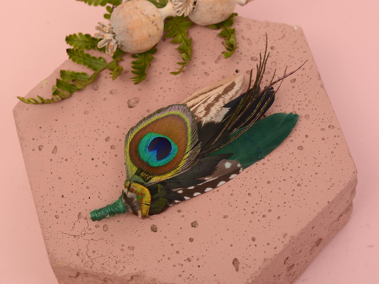 Peacock and Teal Feather Pin Small No.180 | Unique Peacock Feather Boutonniere | Pheasant Feather Brooch