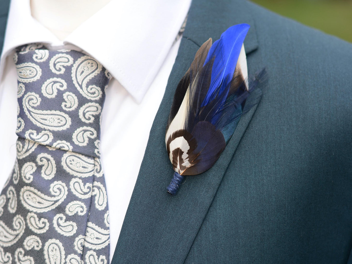 Pheasant and Duck Navy and Royal Blue Feather Lapel Pin Small No.222 | Unique Feather Boutonniere | Pheasant Feather Brooch