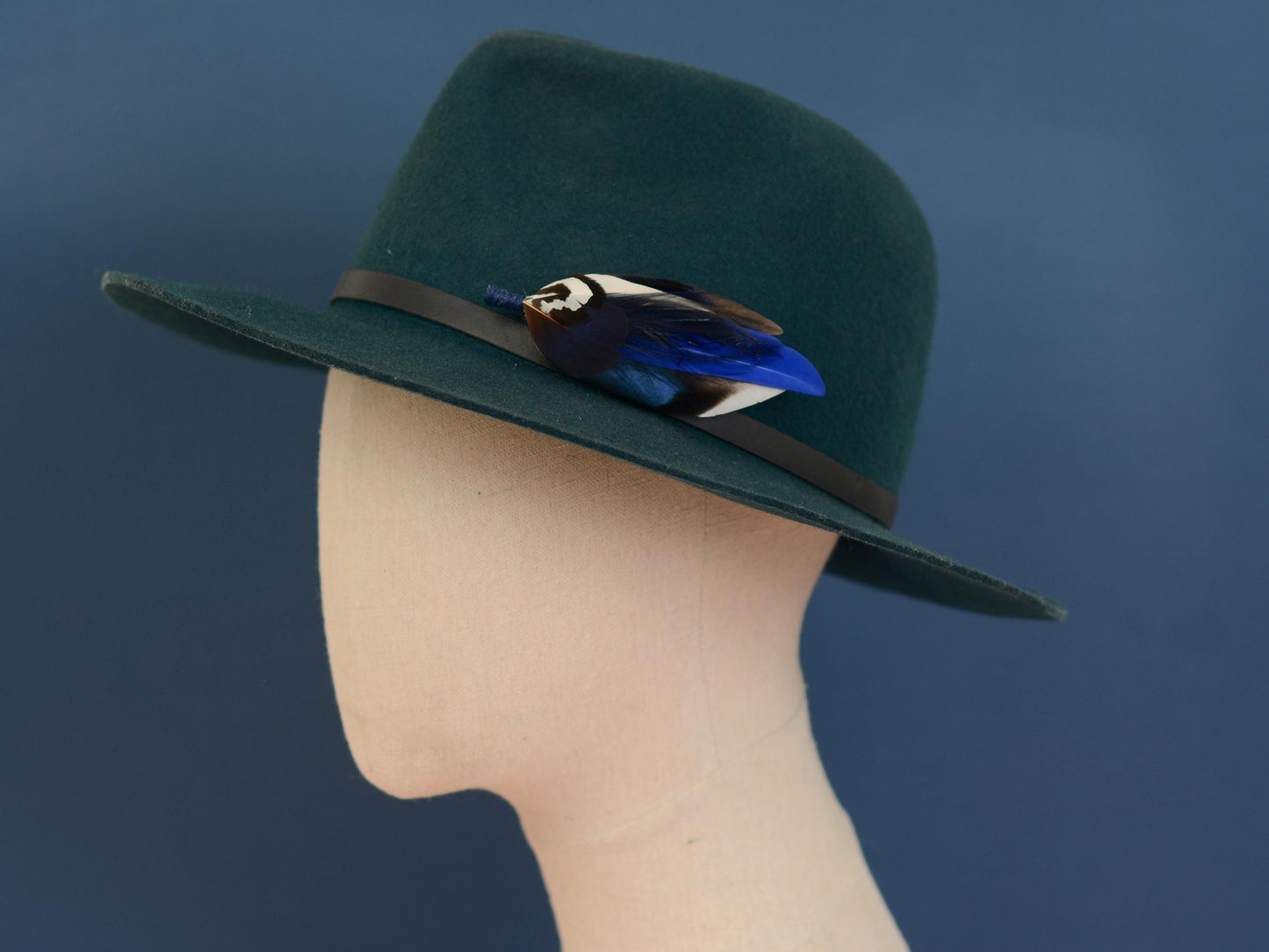 Pheasant and Duck Navy and Royal Blue Feather Lapel Pin Small No.222 | Unique Feather Boutonniere | Pheasant Feather Brooch