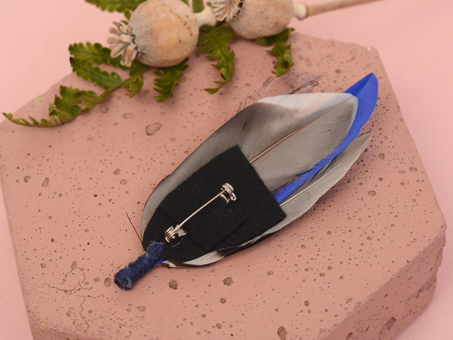 Pheasant and Duck Navy and Royal Blue Feather Lapel Pin Small No.222 | Unique Feather Boutonniere | Pheasant Feather Brooch