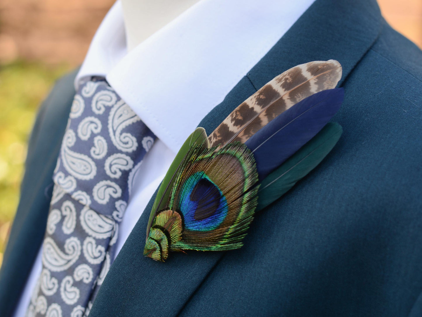 Green and Navy Peacock Feather Hat Pin / Lapel Pin No.158 | Unique Peacock Feather Boutonniere | Peacock Feather Brooch