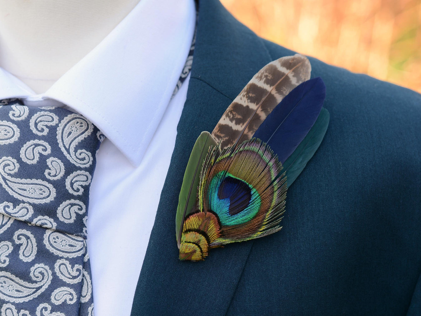 Green and Navy Peacock Feather Hat Pin / Lapel Pin No.158 | Unique Peacock Feather Boutonniere | Peacock Feather Brooch